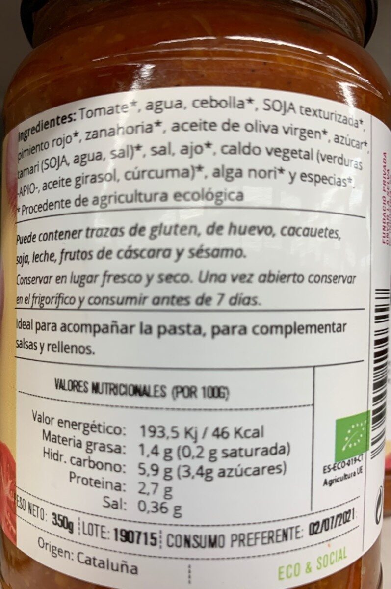 Salsa boloñesa vegetal - Información nutricional