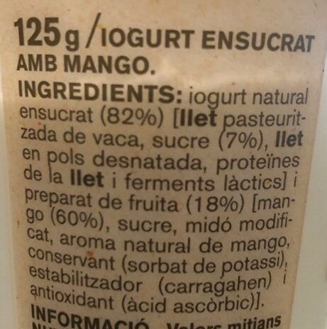 Iogurt cremos amb mango - Ingredients - ca