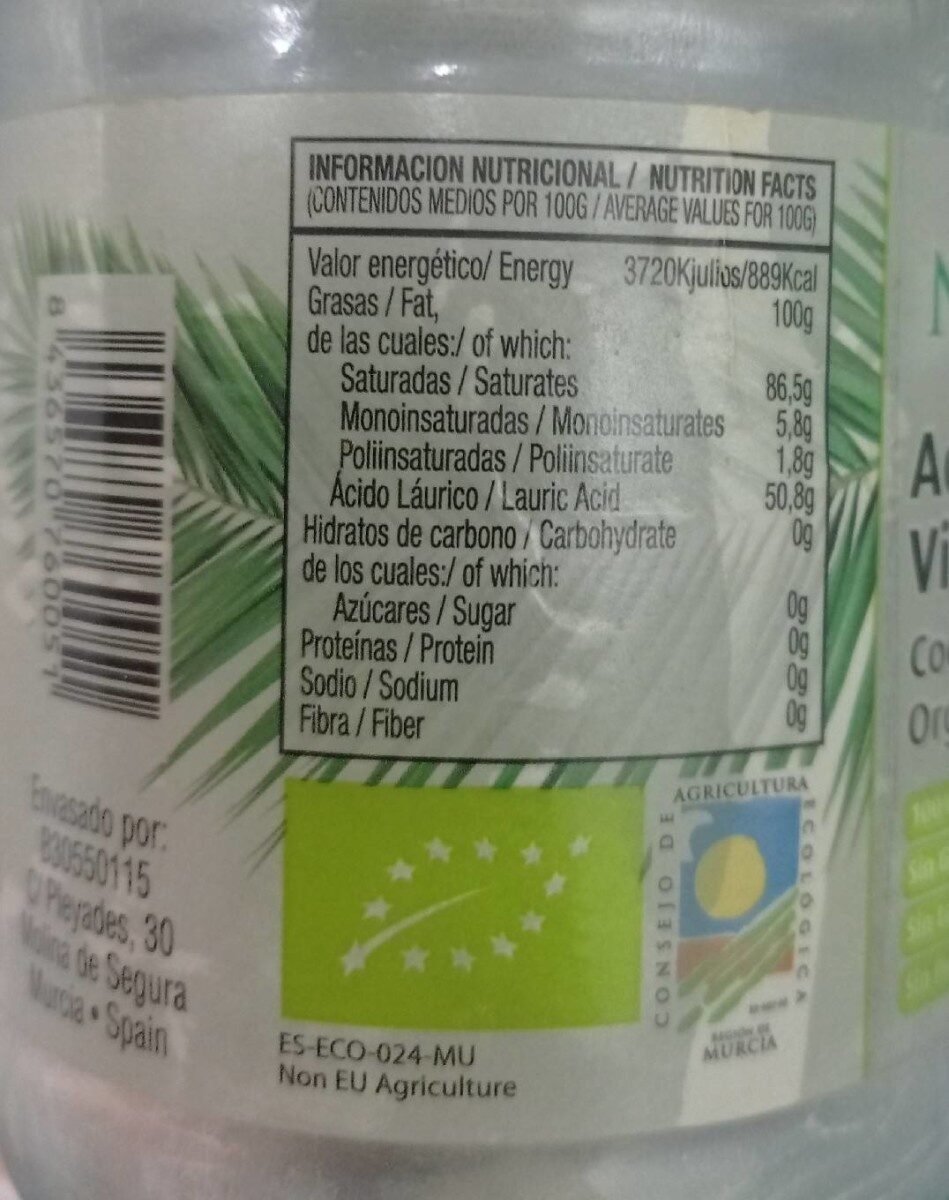 Aceite de coco virgen extra - Nutrition facts - es