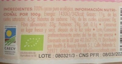 Cacao puro - Informació nutricional - es