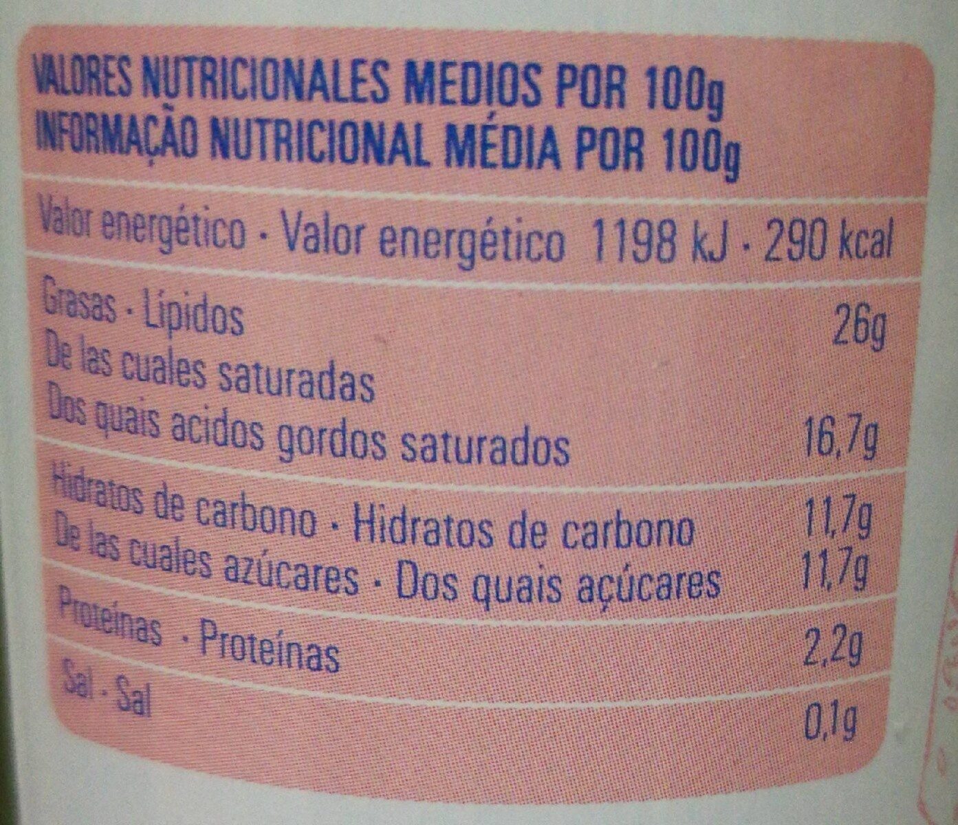 Nata montada azucarada - Información nutricional