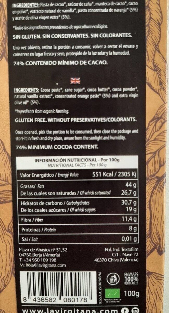 Chocolate negro ecológico con naranja - Información nutricional