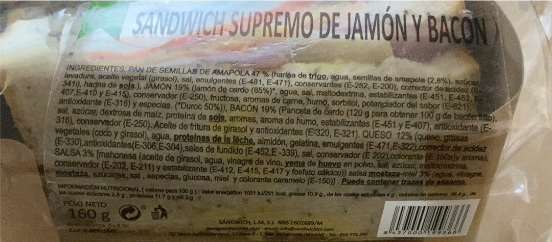 Sándwich supremo de jamon y bacon - Informació nutricional - es