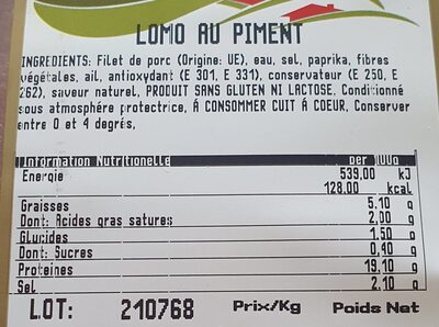 Lomo au piment - Näringsfakta - fr