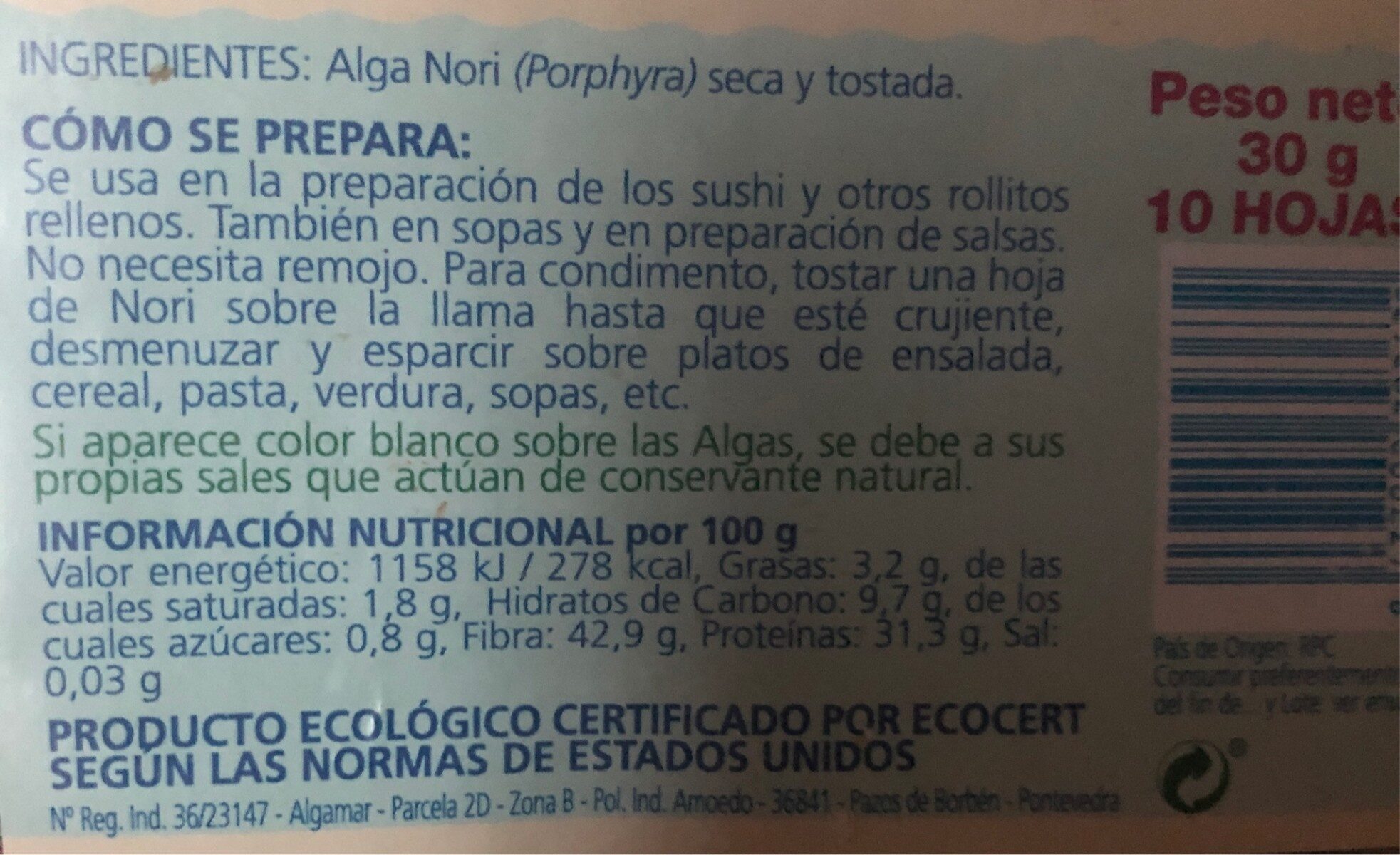 Algencracker - Ingredients - es