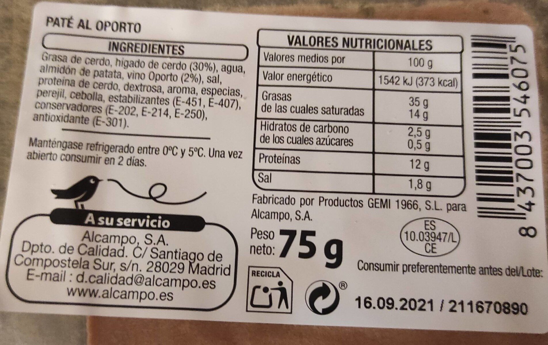 Paté al Oporto - Información nutricional