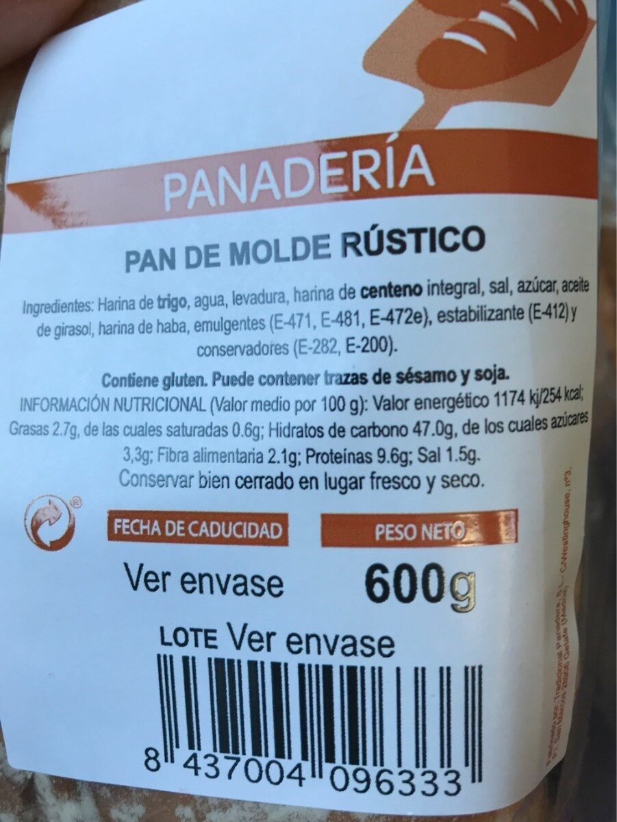 pan de molde rustico - Informació nutricional - fr