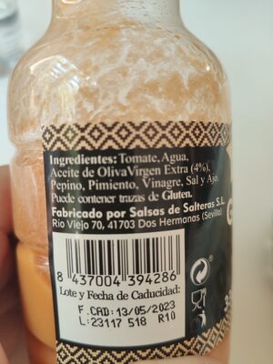 Gazpacho fresco no pasteurizado con aceite de oliva virgen extra botella 330 ml - Ingredients - es