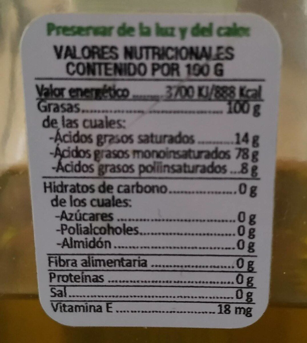 Aceite de oliva Virgen Extra - Información nutricional
