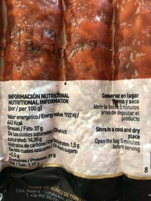 Chorizo curado extra dulce - Informació nutricional - es
