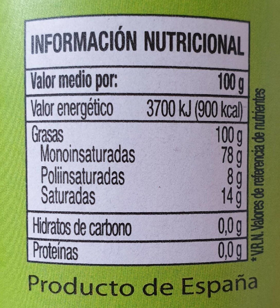 Aceite oliva virgen extra ecológico - Informació nutricional - es