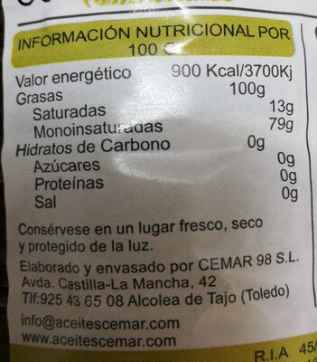 Aceite de oliva virgen extra Cemar - Informació nutricional - es
