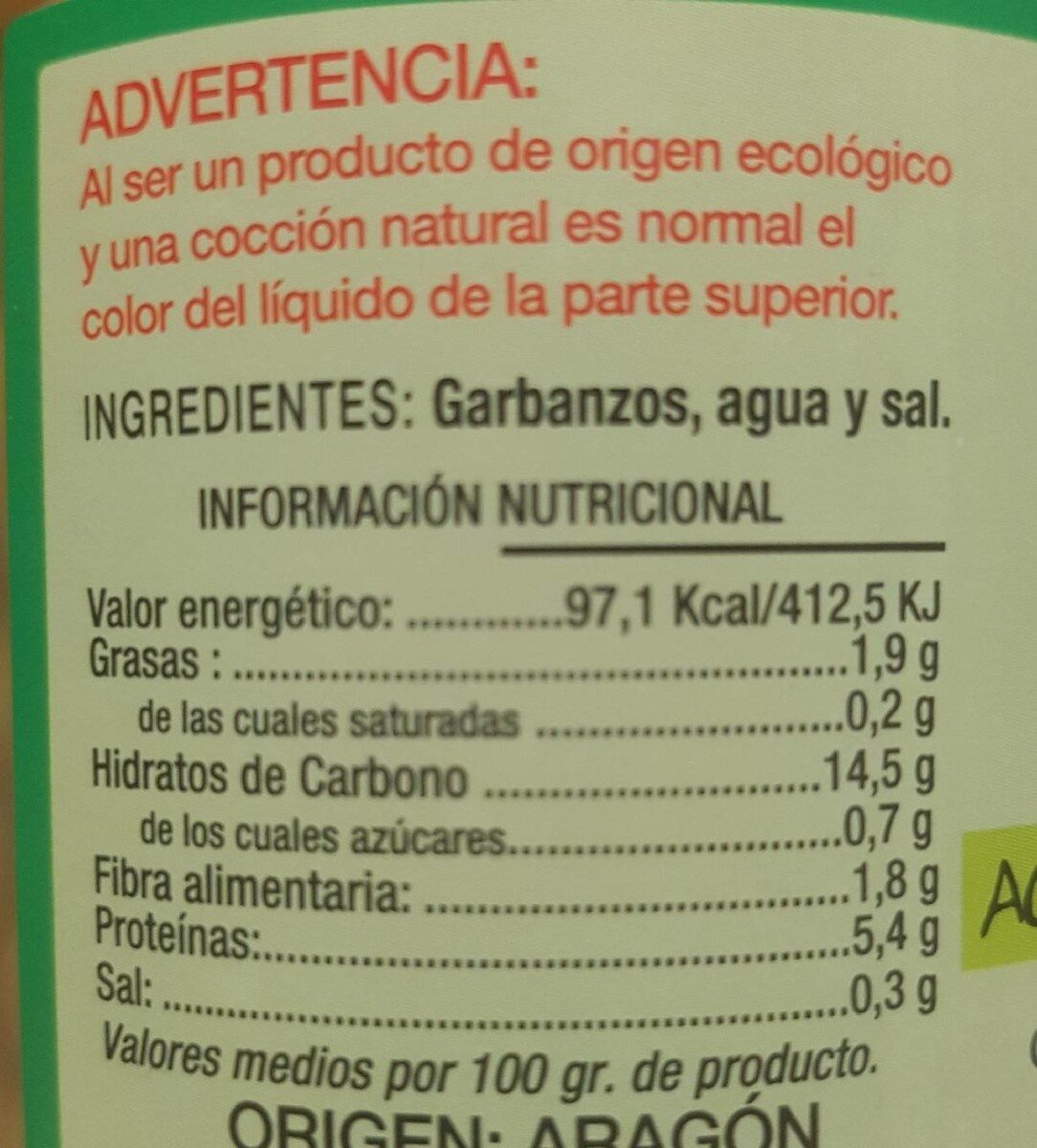 Garbanzo ecologico - Informació nutricional - es
