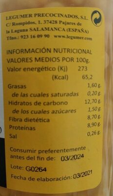 Garbanzos de Fuentesauco cocidos - Informació nutricional - es