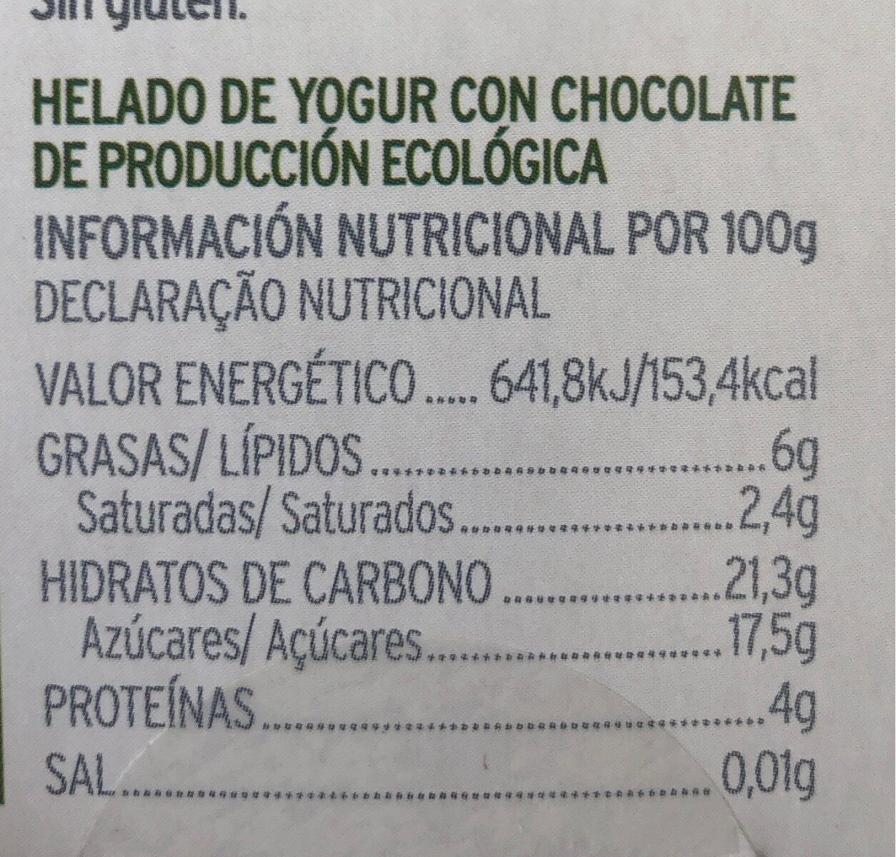Helado de Yogur de Chocolate - Nutrition facts - es
