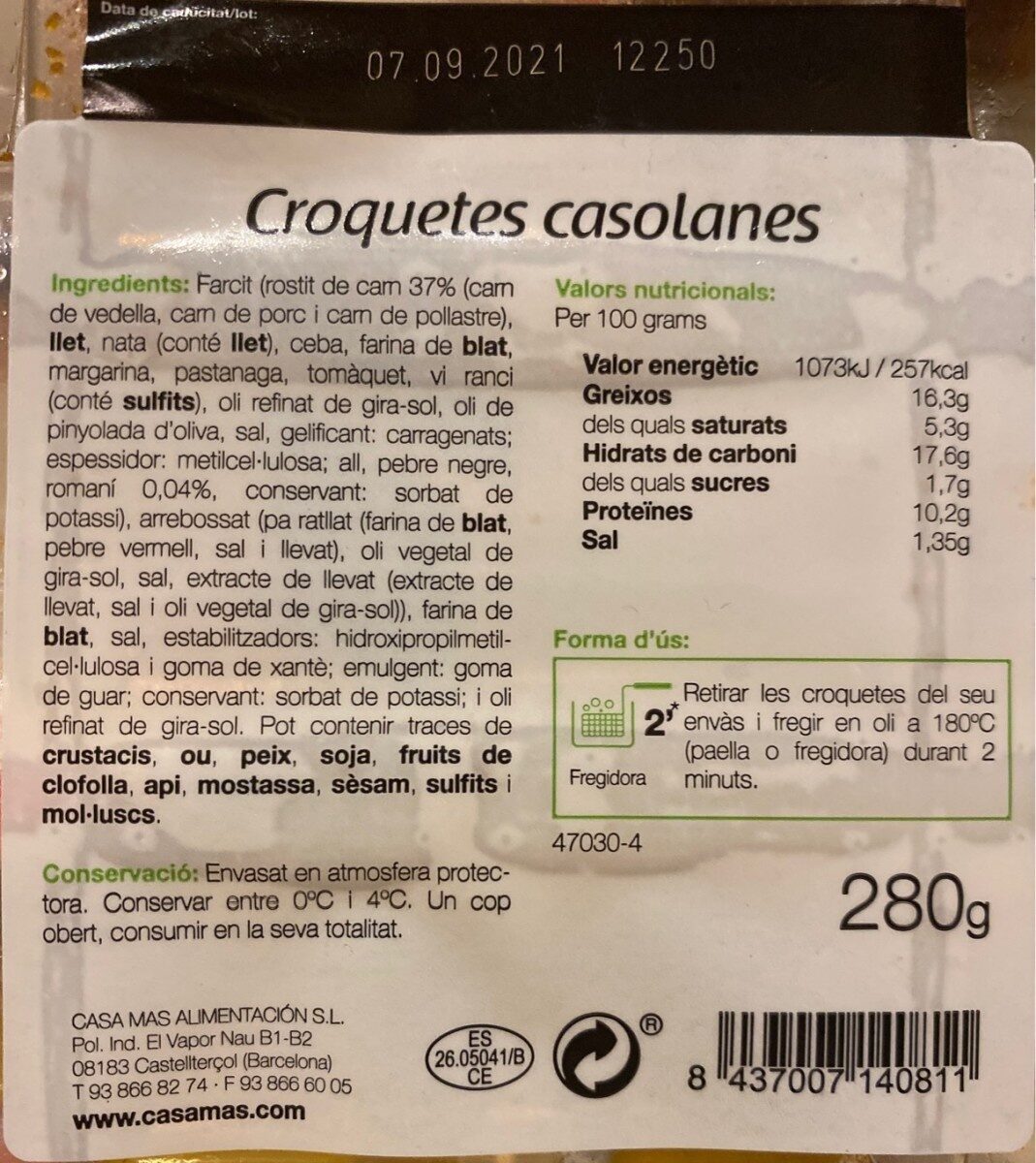 Croquetas caseras - Tableau nutritionnel