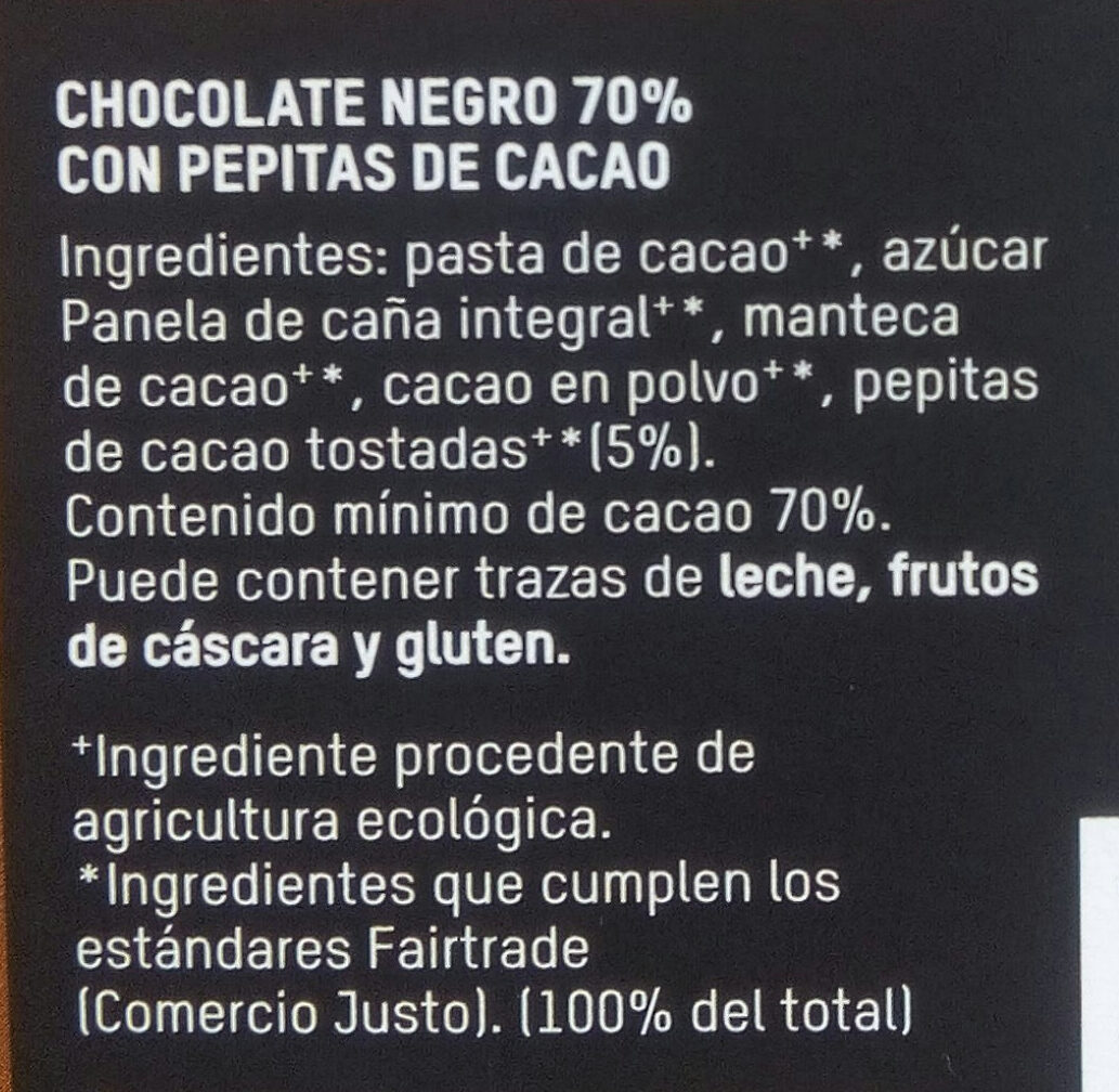 Chocolate negro con pepitas de cacao 70% cacao - Ingredients - es