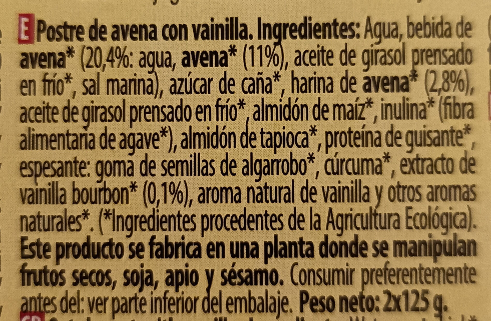 Postre de avena vanilla - Ingredienser - es