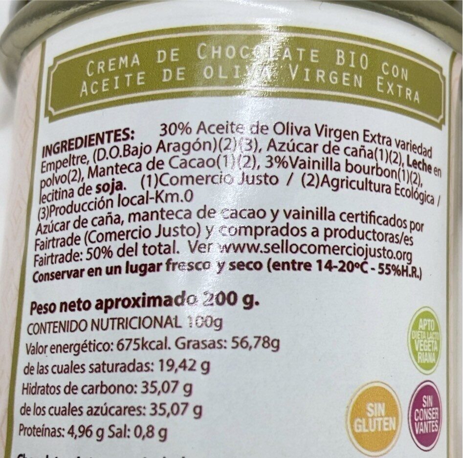 Crema de Chocolate Blanco - Información nutricional