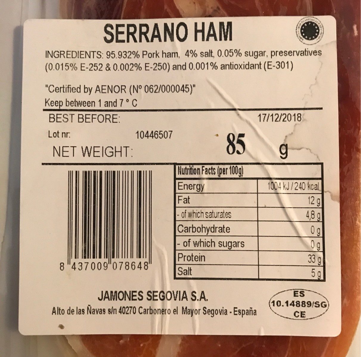 Serrano ham slices - Nutrition facts