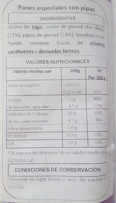 Barritas pan con pipas - Nutrition facts - es