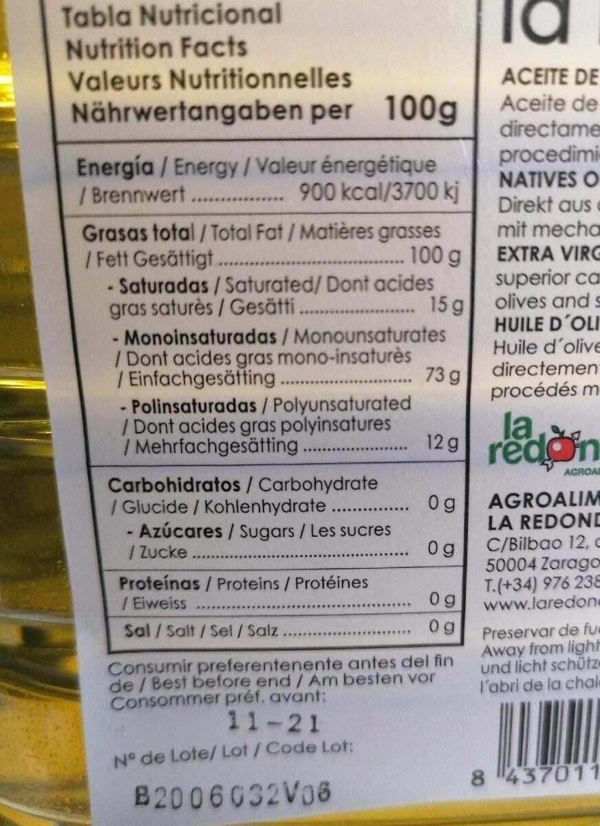 Aceite de oliva Arbequina - Información nutricional