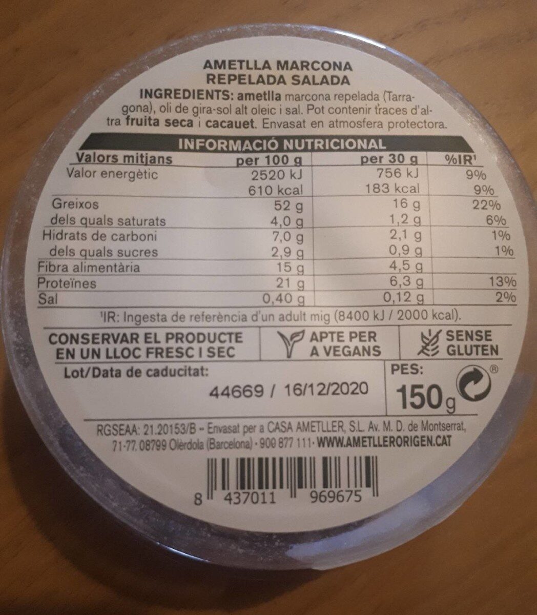 Ametlla marcona repelada salada - Información nutricional