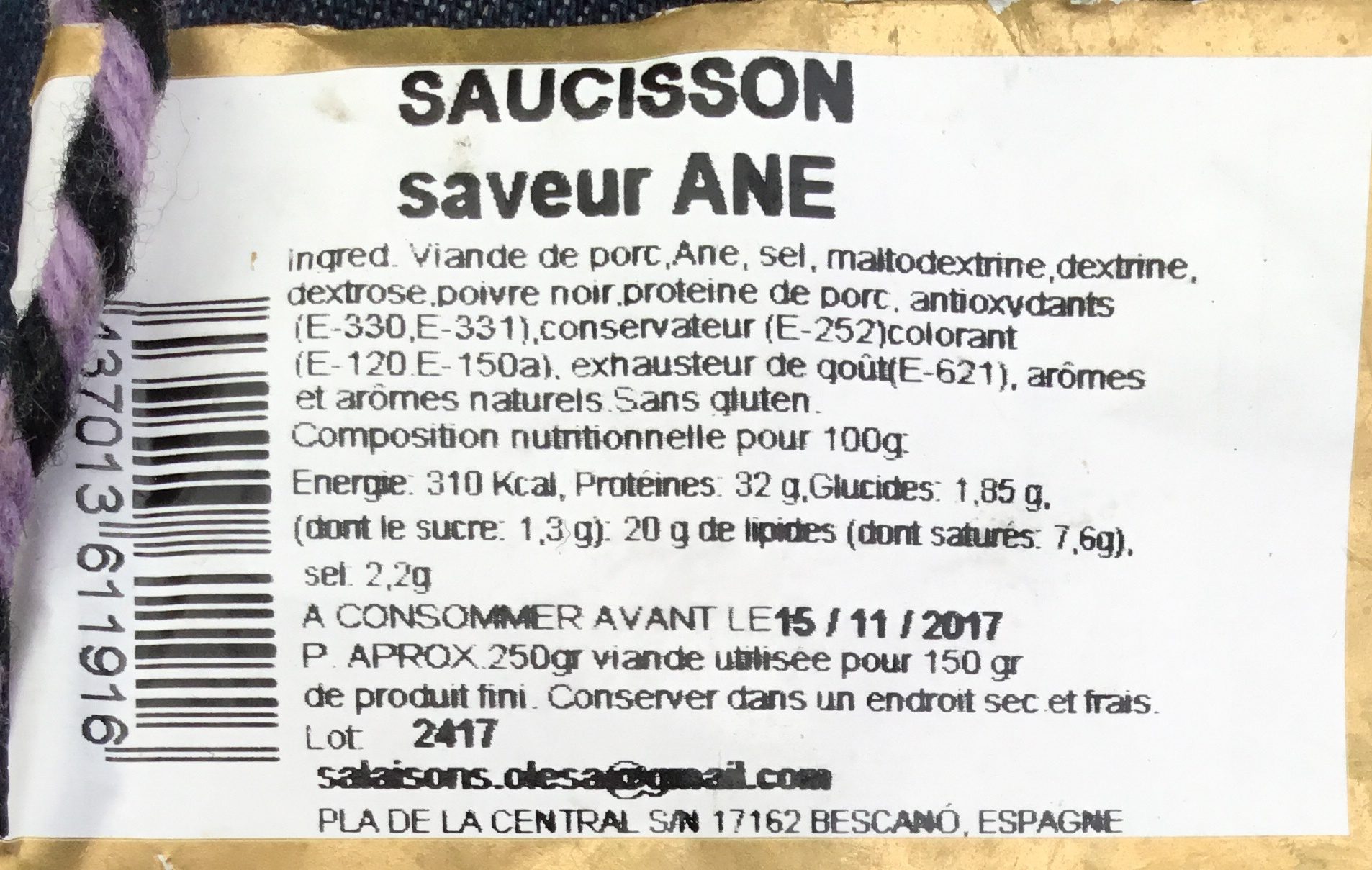 Saucisson Ane - Ingredients - fr