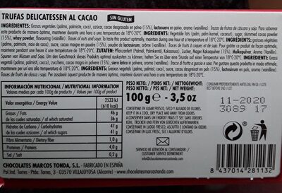 Trufas delicatessen al cacao - Información nutricional