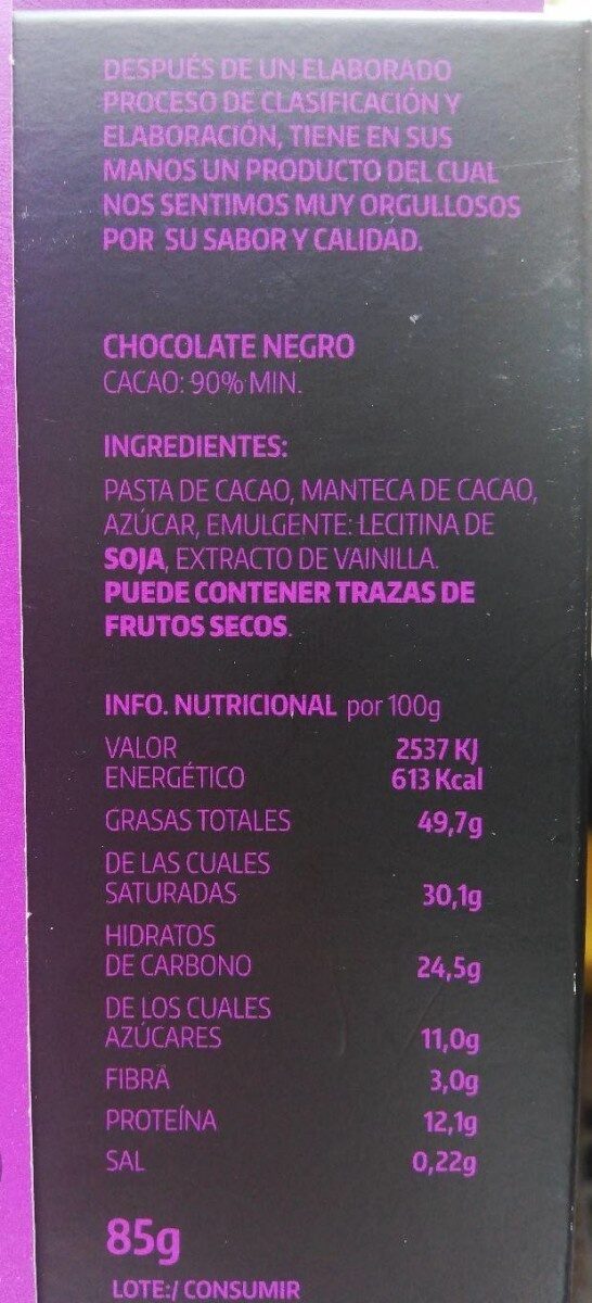 Chocolate negro 90% - Informació nutricional - es