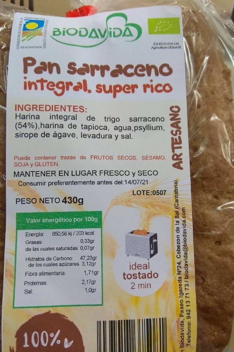 Pan de trigo sarraceno Biodavida - Información nutricional