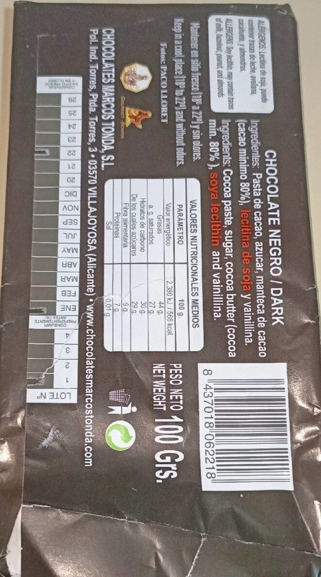 Chocolate Negro 80% - Nutrition facts - es