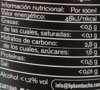 Kombucha Organic Jengibre & Limón - Informació nutricional - es