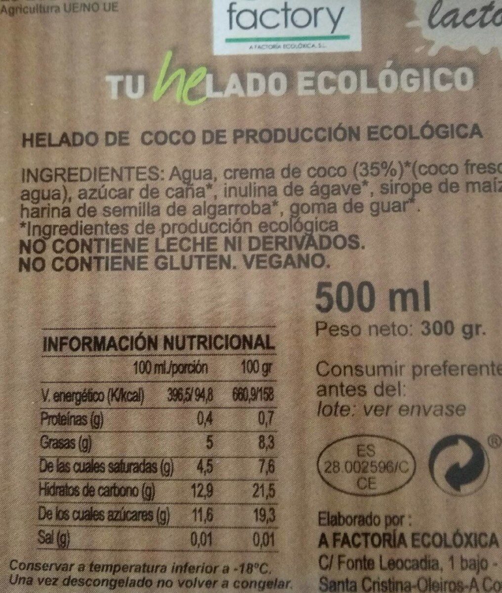 Helado ecológico de coco sin gluten y sin lactosa tarrina - Información nutricional