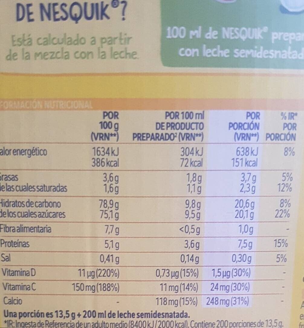 Nesquik - Informació nutricional - es