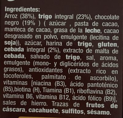 Copos de arroz, trigo y cebada integral con chocolate - Ingredients