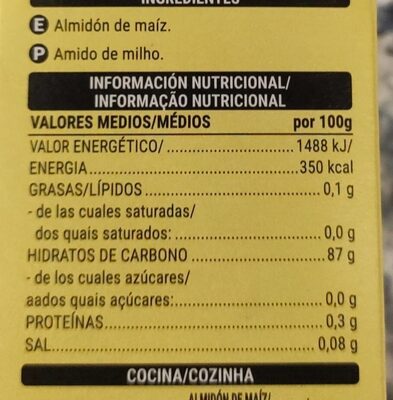 Harina fina de maíz - Valori nutrizionali - es