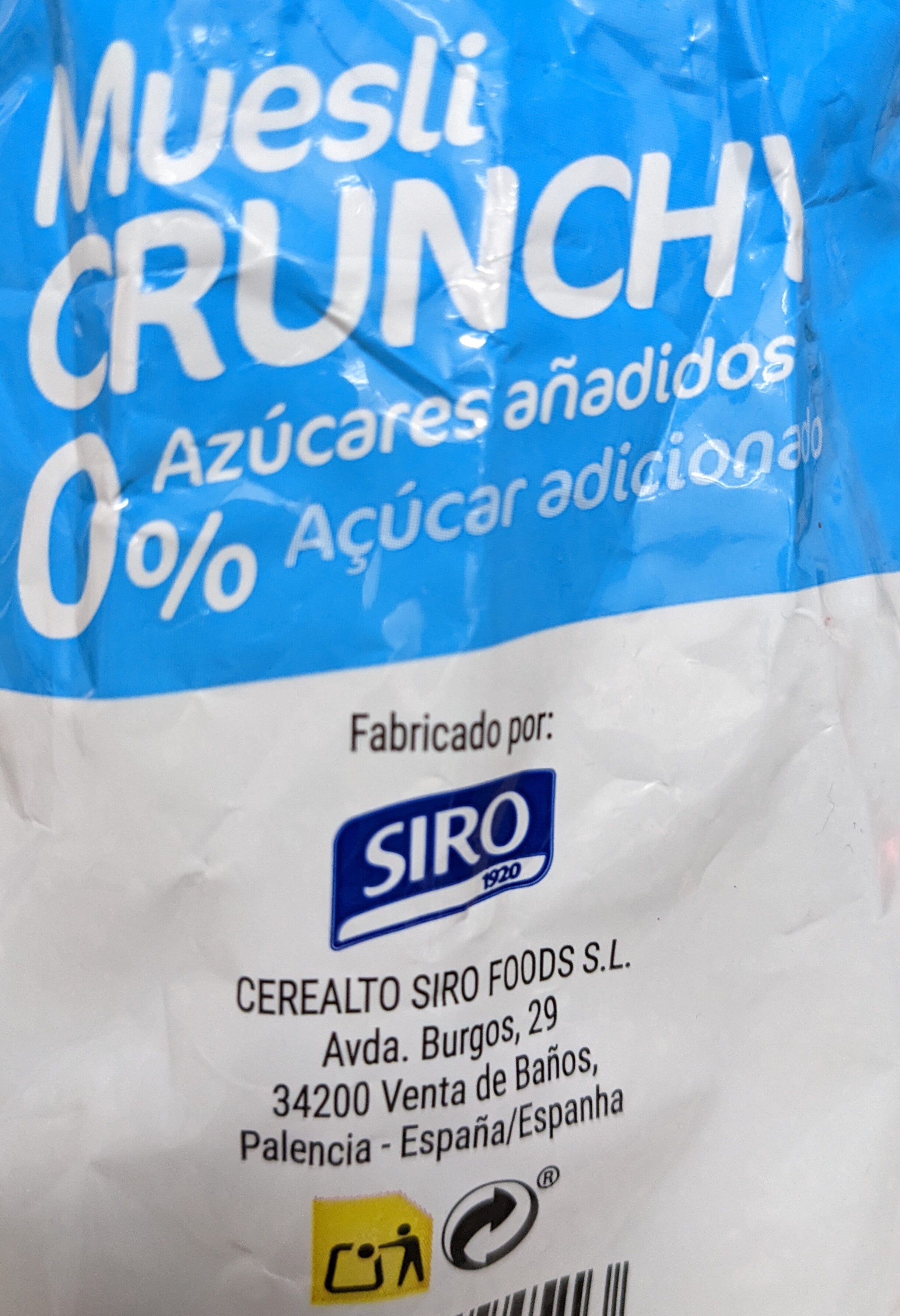 Muesli crunchy sin azúcares añadidos - Instrucciones de reciclaje y/o información de embalaje