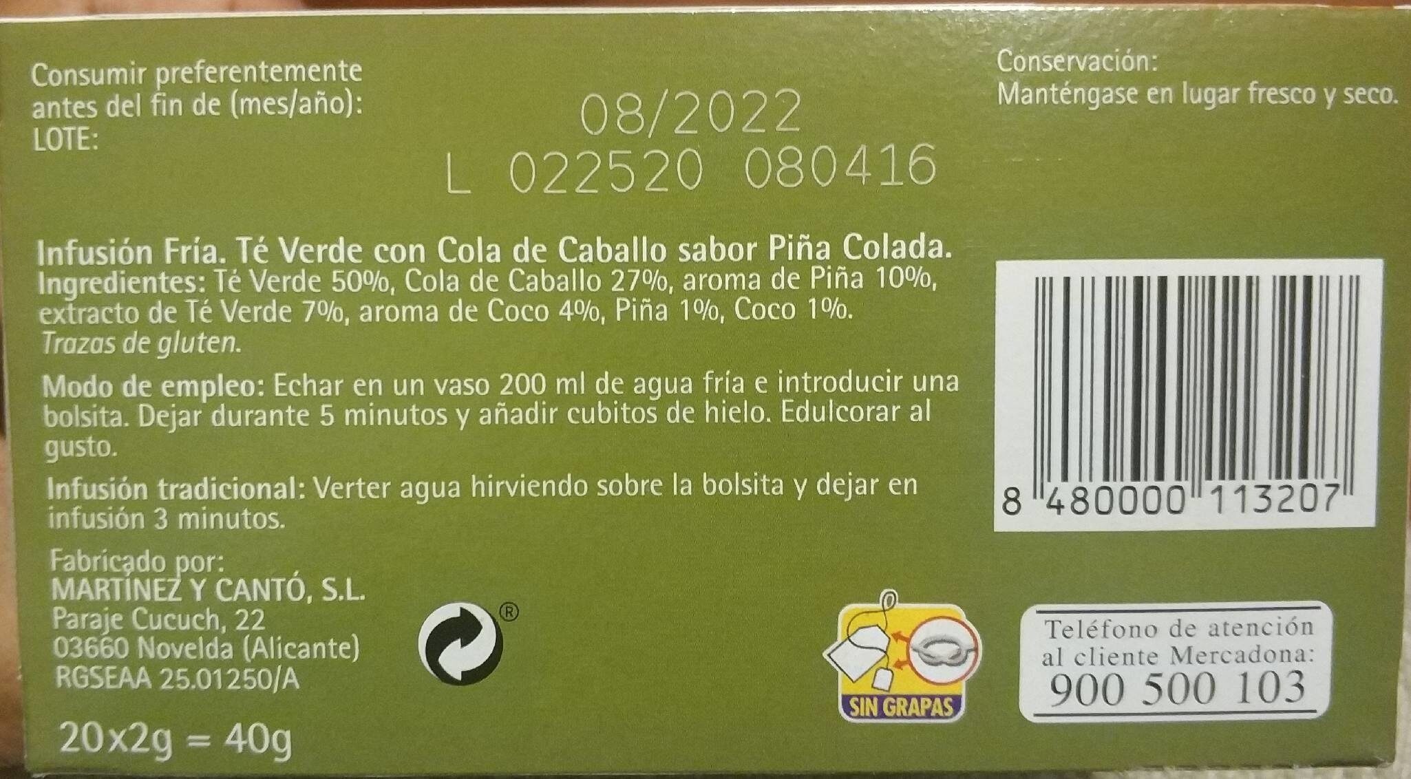 Infusión frío sabor piña colada - Tableau nutritionnel - es