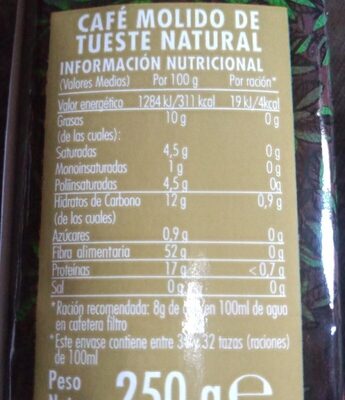 Café molido natural - Nutrition facts