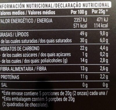 Chocolate negro 85% cacao 0% azúcares añadidos - Informació nutricional - es
