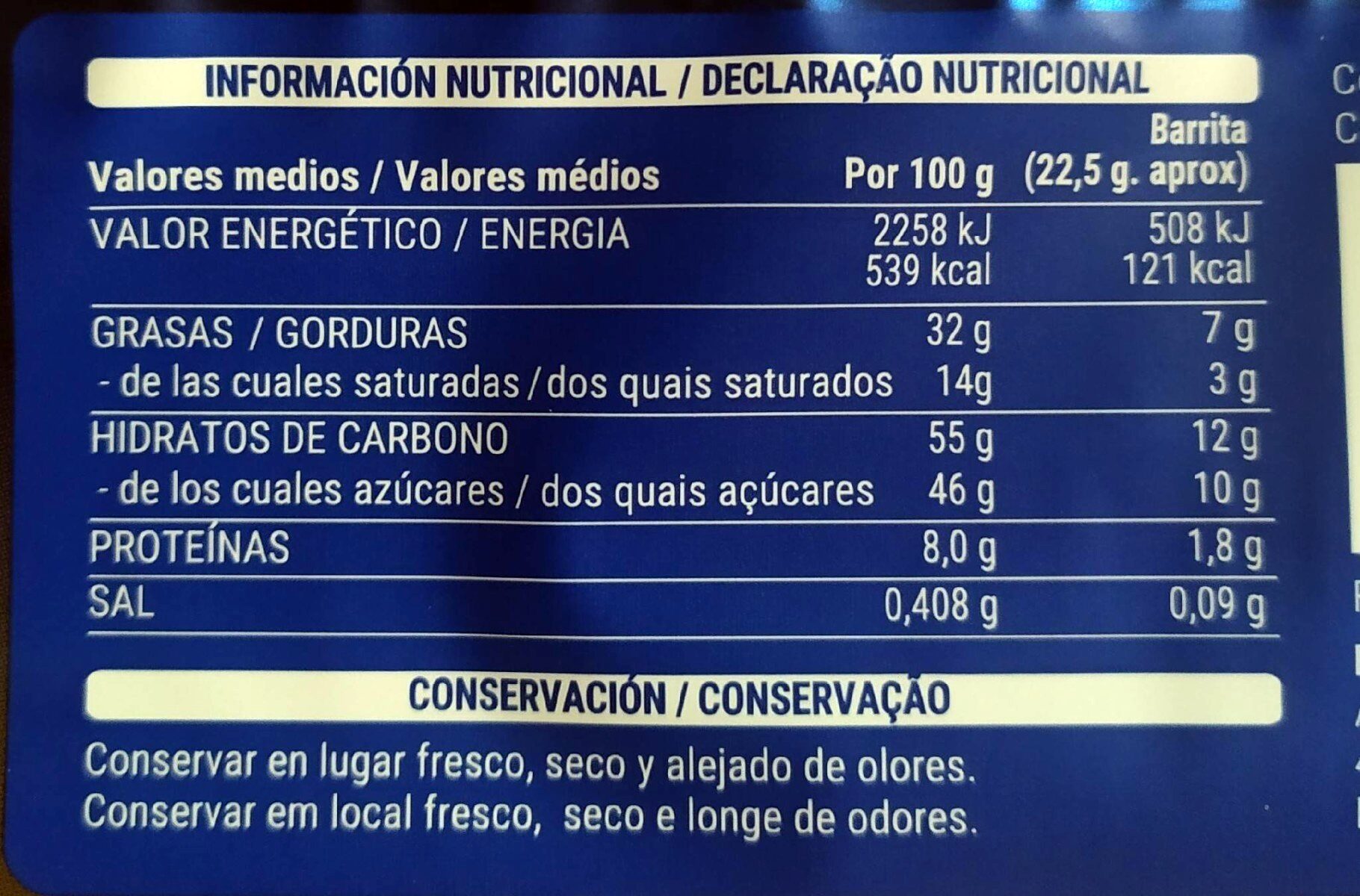 BARRITAS - حقائق غذائية - es