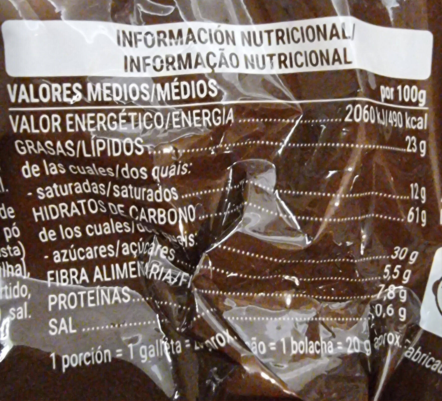 Galletas digestive de avena con chocolate - Dados nutricionais