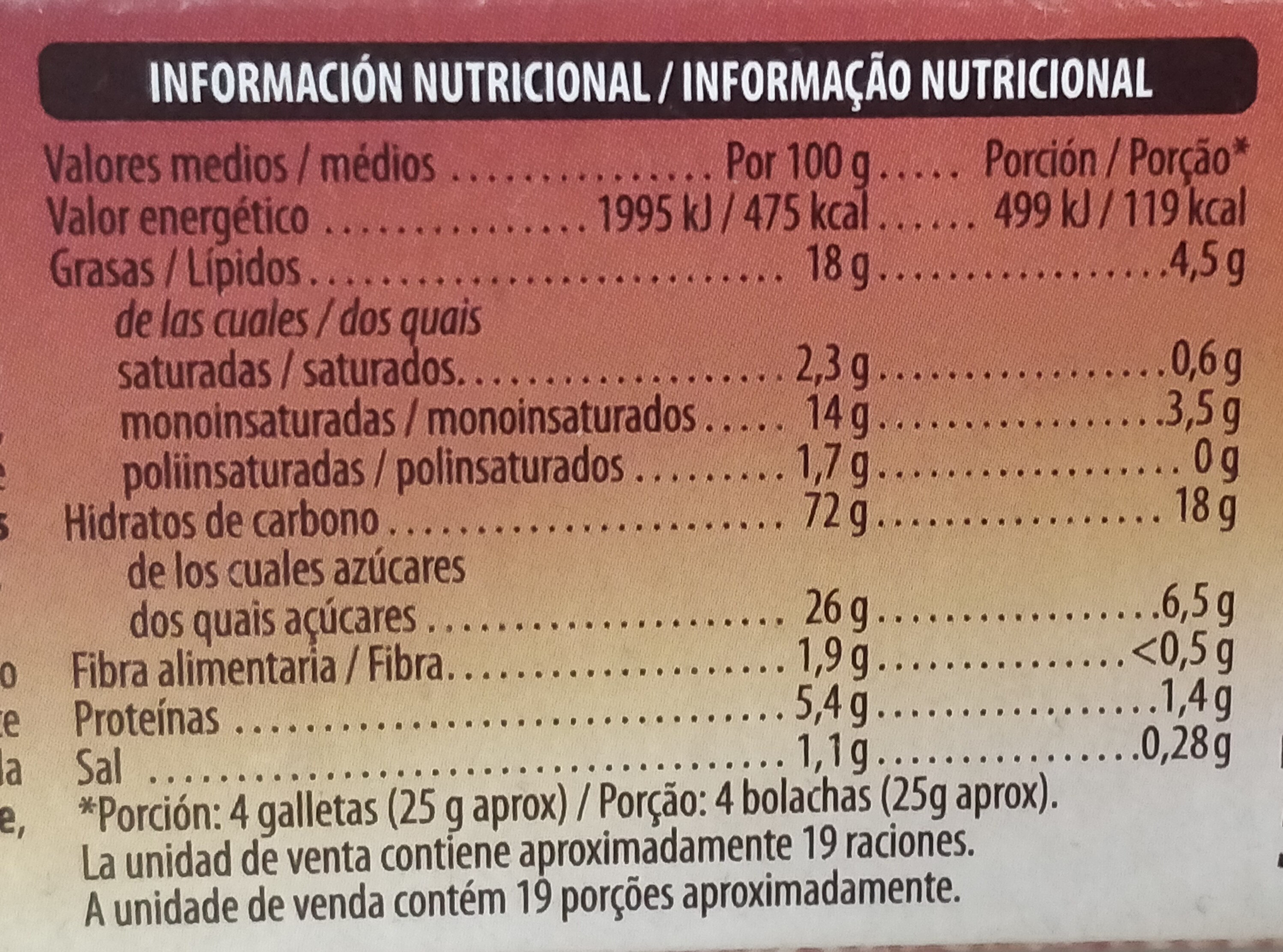 Galletas canela - Informació nutricional - es