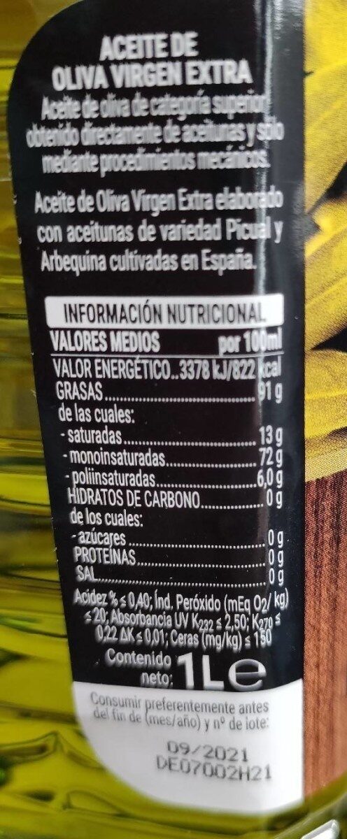 Aceite de oliva Virgen Extra - Informació nutricional - es