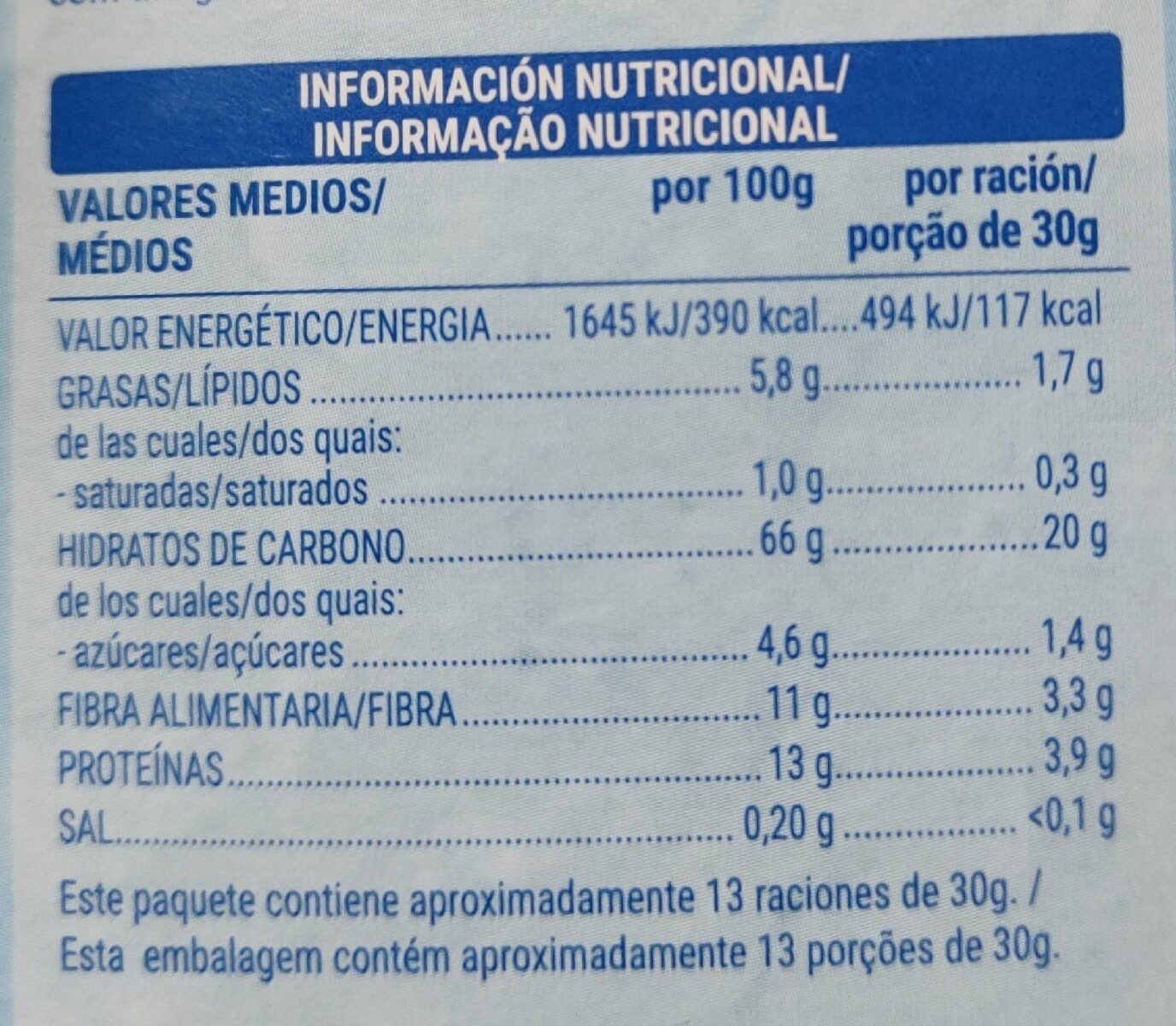 Cereales Avena Crunchy 85% Avena Integral y Bajo Contenido en Azúcar - Dados nutricionais - es