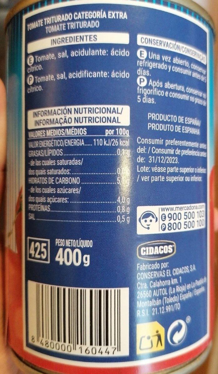tomate triturado - Nutrition facts - es