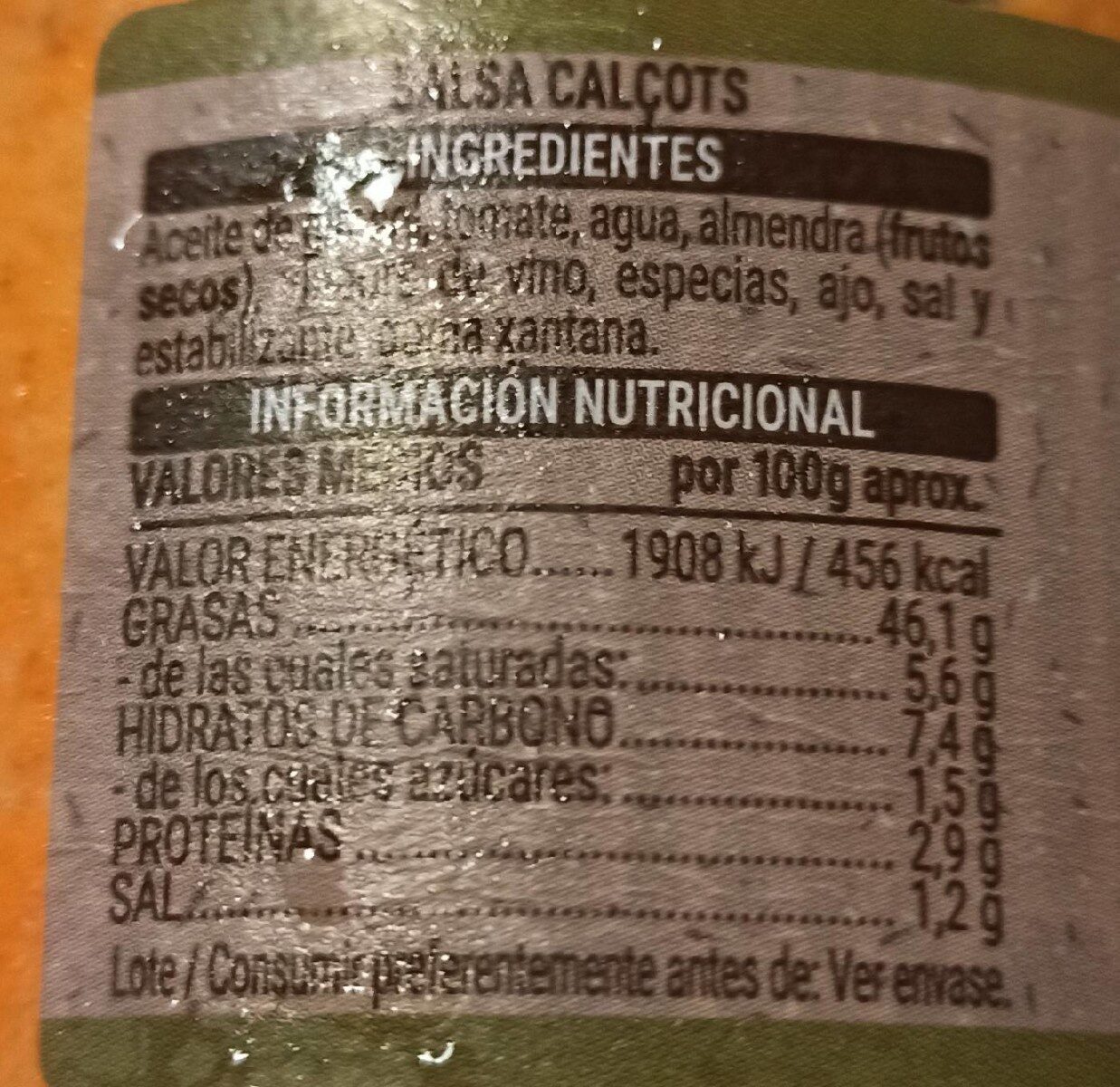 Salsa Calçots - Informació nutricional - es