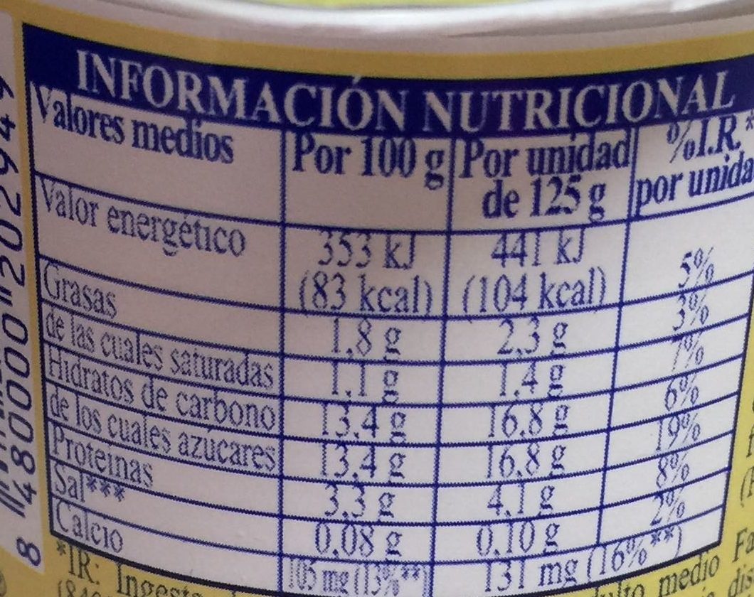 Yogur vainilla - Información nutricional