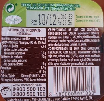 Soja chocolate - Información nutricional